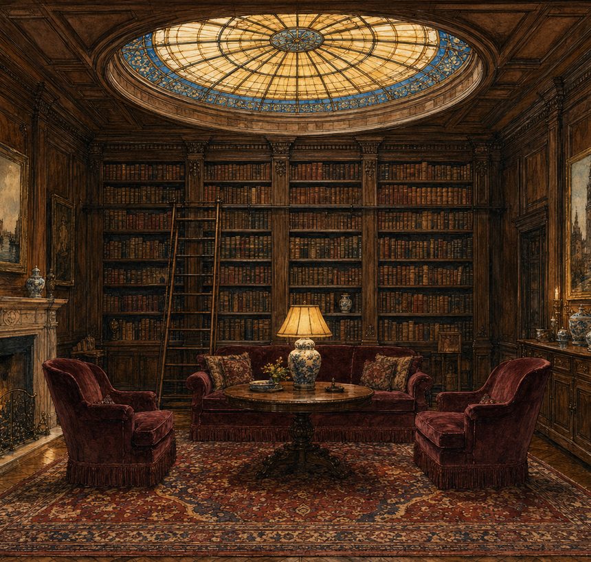 De oude bibliotheek met boekenkasten en een koepel van glas in lood