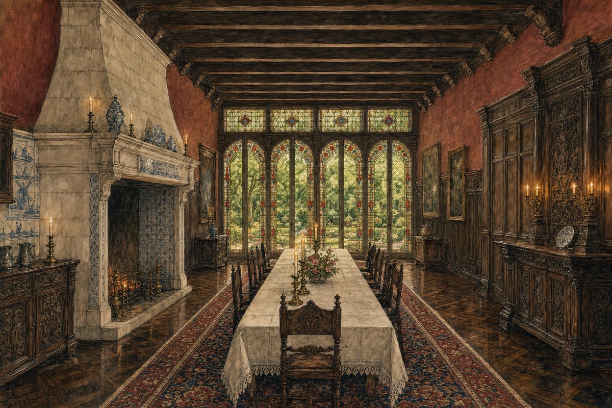 De Branderszaal in de lengte: balkenplafond, schouw links, lange tafel en achterin de glazen achterpui met glas in lood