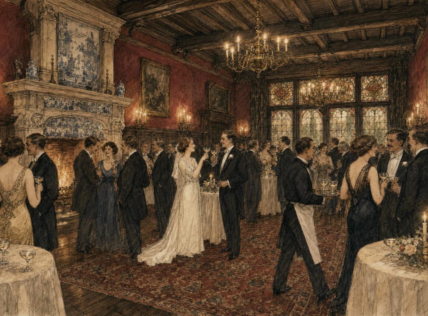 Getekend: een feest in de Branderszaal met statafels, de schouw met Delfts blauw en het glas in lood